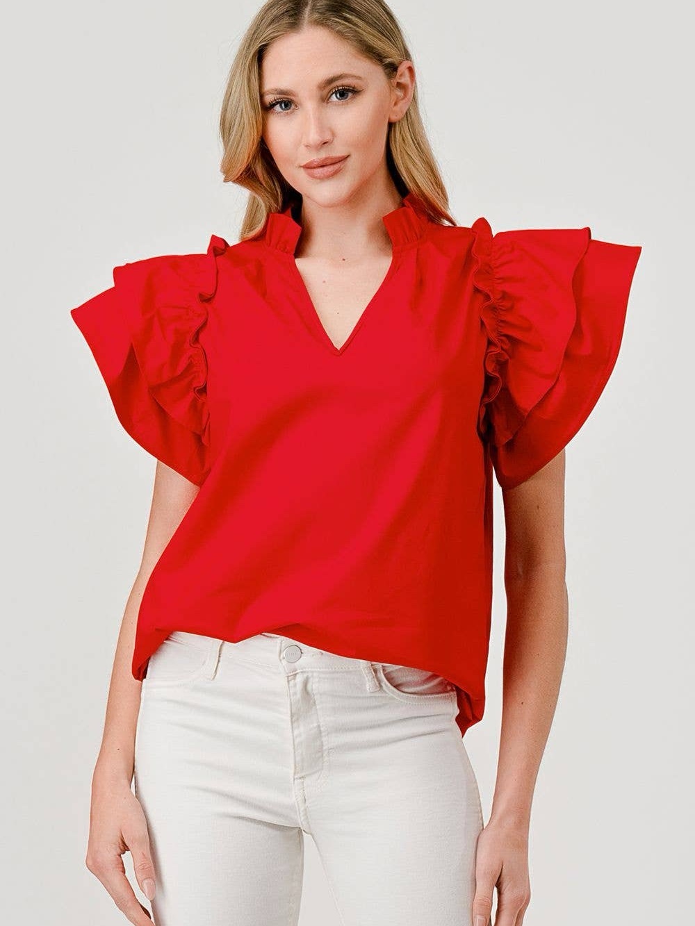 Maude Vivante Chili Dani Cotton Poplin Exaggerated Ruffle Sleeve Top in Red